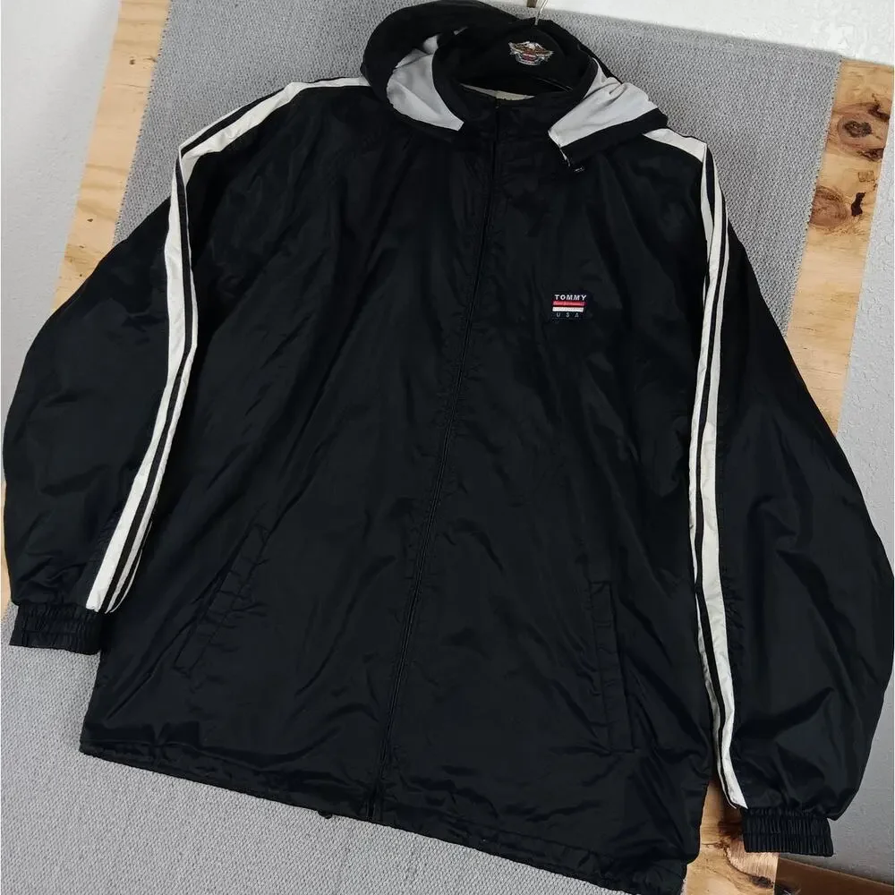 Vintage Tommy Hilfiger Windbreaker Mens XL Black Striped Pro Sport‎ Embroidered